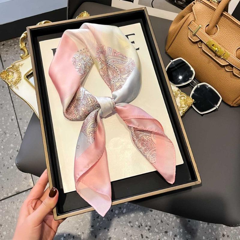 68cm Women Silk Scarf with Cashew Flower Rose Pattern Simulated Silk Fresh Elegant Versatile Square Fashion Decorative Accessory