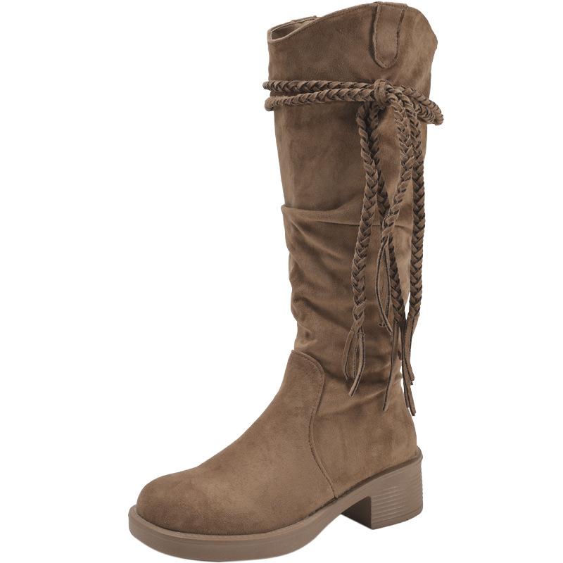 Khaki retro thick heel boots boots women's 2025 new autumn small slim pile western cowboy boots