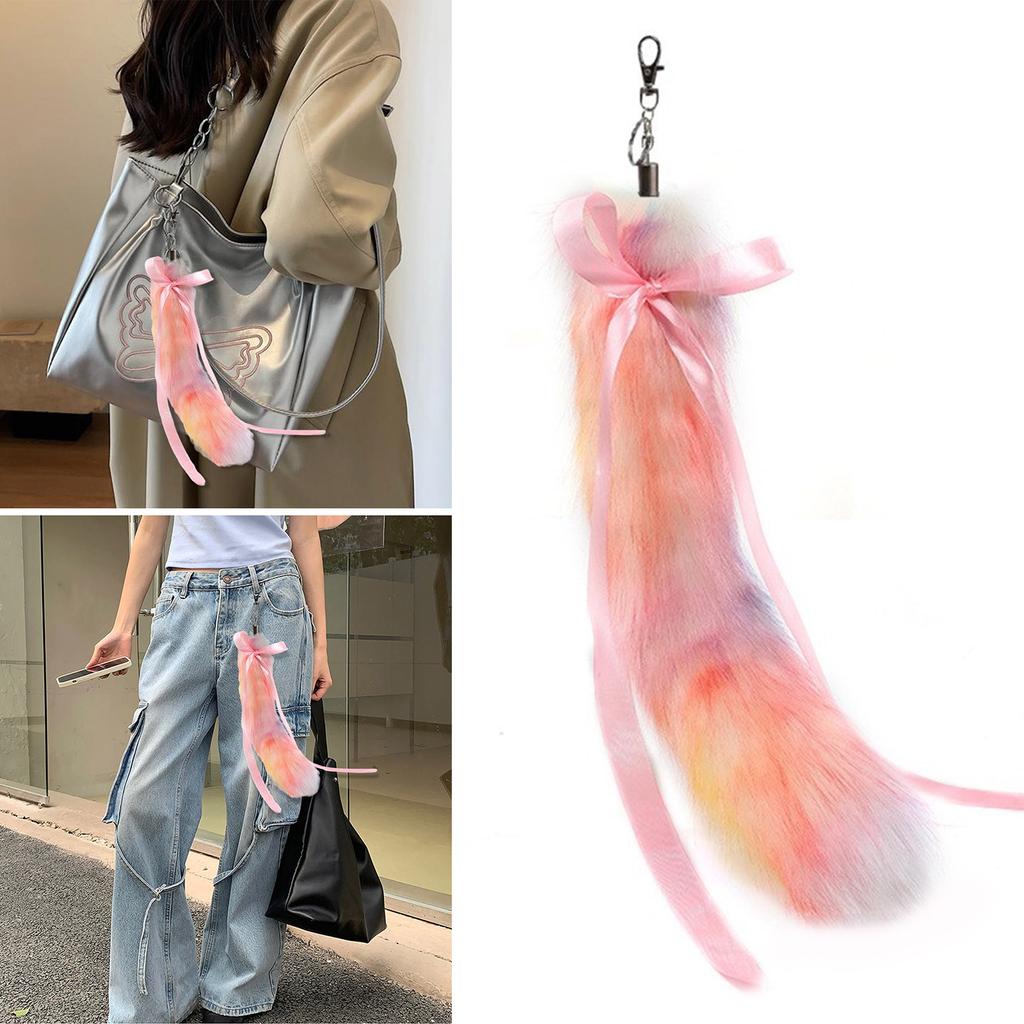 Colorful Foxes Tail Keychain Soft Furry Animal Cosplay Keyring with Ribbon Bowknot Hanging Decoration for Phones and Bag