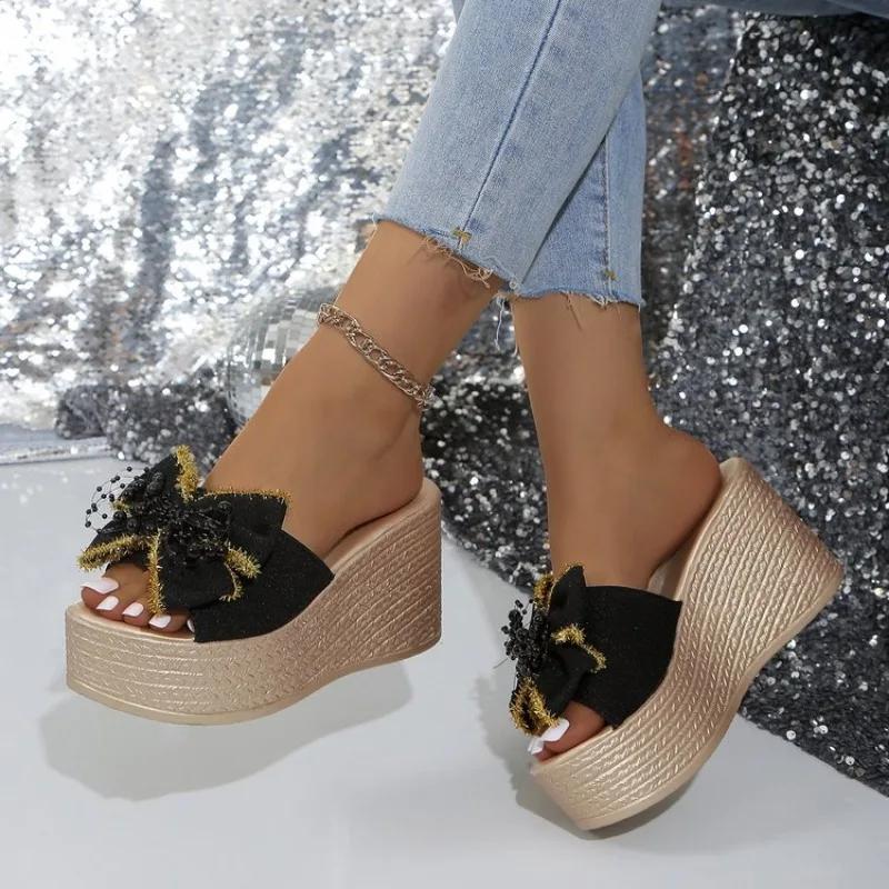 Damesko Lansering Nye Sommerslippers for Damer Miksfarge Sløyfe Perle Åpen Tå Høy Hæl Slippers