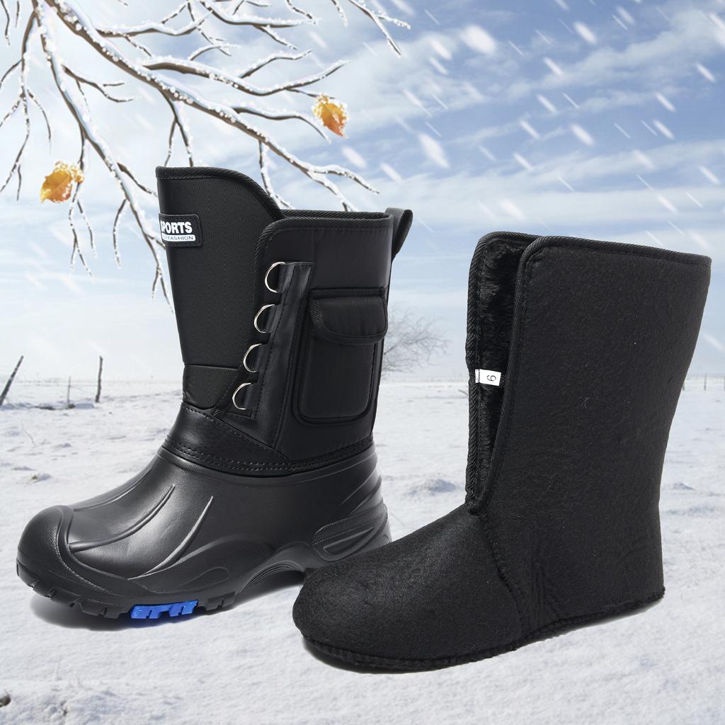 Fashion Black Men's Outdoor Boots Waterproof Boots for Men Non-slip Spike Sole Wear-resistant Snow Boots Winter Plush Warm Fishing Boots
