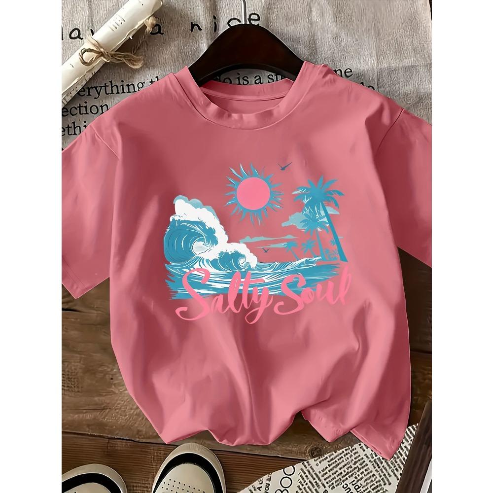 Summer Vacation Style Graphic Printed Short-sleeved T-shirt, Round Neck Casual Top,