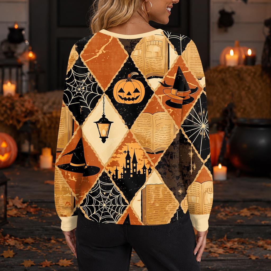 Women's Halloween Print Long Sleeve Knit Button Front Cardigan