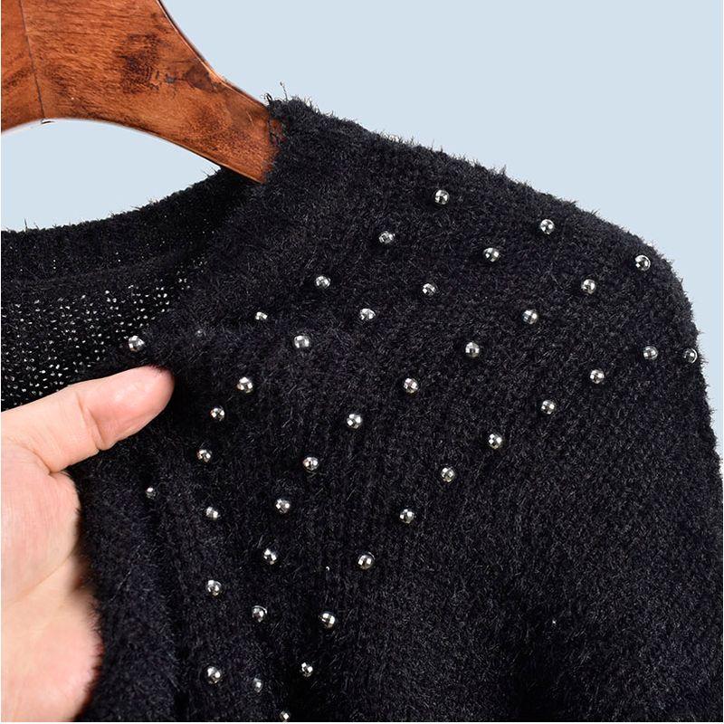 Spring & Fall round Neck Bead Imitation Mink Hair Long Sleeves Easiest for Match Knitting Pure Color Loose and Lazy Style Women's Soft Glutinous Tops