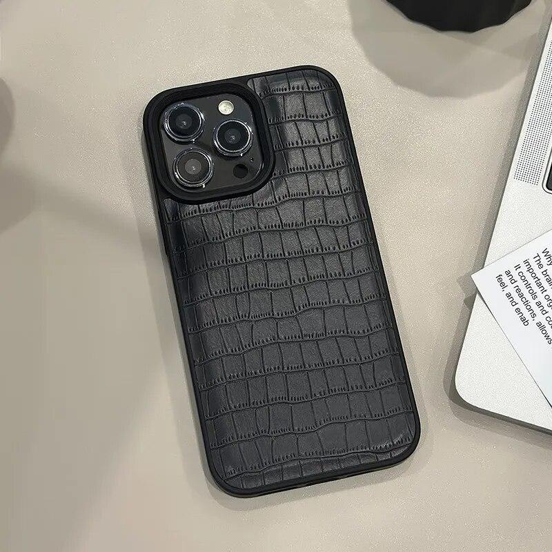 Retro Crocodile Texture PU Leather Phone Case For iPhone 15 Plus 14 13 12 11 Pro Max Luxury Soft Shockproof Bumper Back Cover