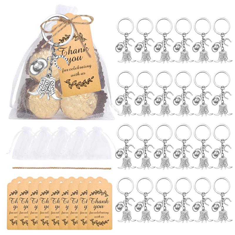 24 Set Cowboy Western Party Favors Cowboy Keychain Hat Boot Horse Shoe Keyring With Organza Bags Thank You Tags And Rope