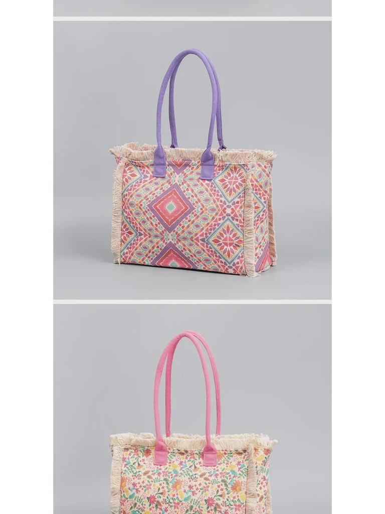 Bohemian Retro Canvas Tote Bag - Women's Summer Shoulder Handbag with Zipper and Large Capacity