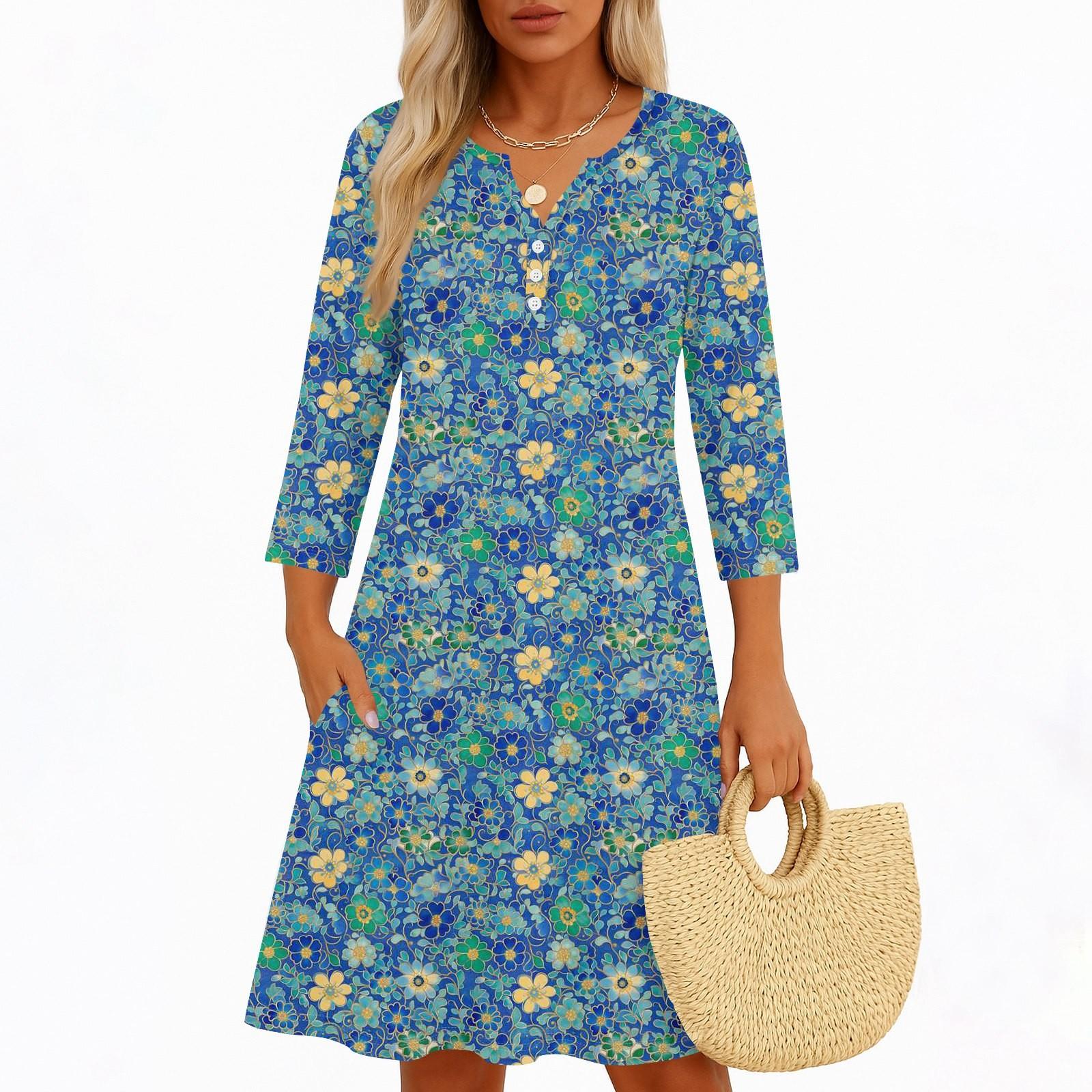 

Платья для женщин Весенние сарафаны Женское повседневное платье с рукавом 3/4 V-образный вырез Бохо Платье с цветочным принтом M синий