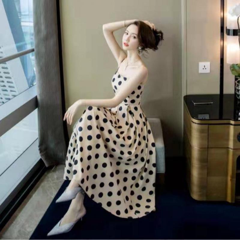 Women's French Polka Dot High Waist Strappy Dress - Retro Slimming Spring/Summer Style