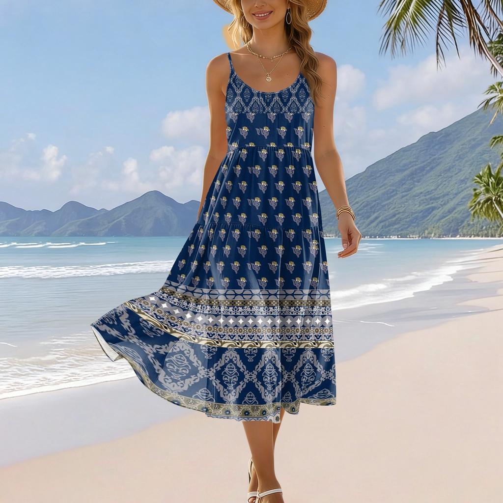 Women's Summer Fashion Printed Pocket Adjustable Shoulder Strap Bohemian Leisure Beach Resort Strap Dress
