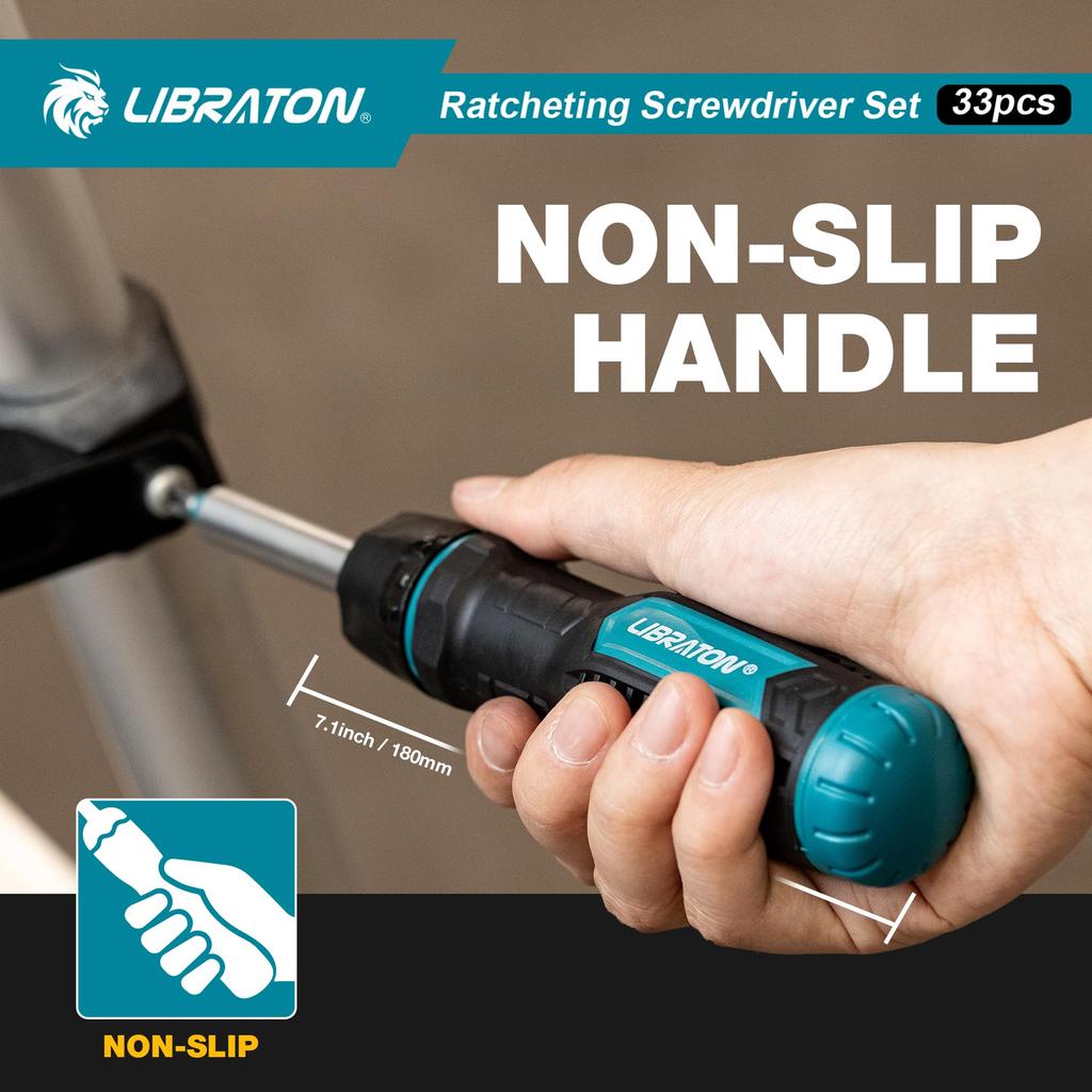LIBRATON Magnetic Ratchet Driver Set with Interchangeable and Pozidriv Bits Set, 33-Piece Screwdrivers, Phillips, Flathead, Square, Hex, Torx,