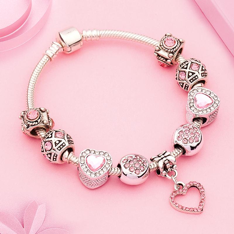 New Valentine's Romantic Pink Heart Charm Bracelet & Bangle Fine Crystal Diy Bead Bracelet Jewelry for Women Girl Gift