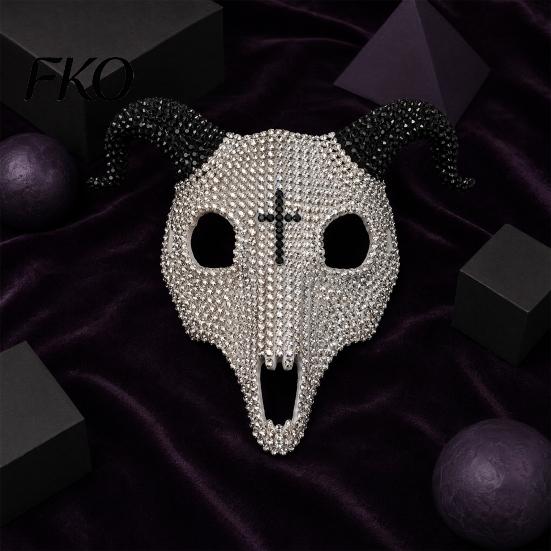 Light Luxury Skull Mask Halloween Rhinestone Full Face Mask, Black White Ram Horn Crystal Studded Masquerade Sparkly Glitter Party for Adults