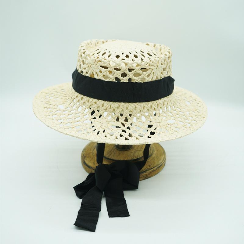 Japanese Korean Version Hollow Woven Beige Flat Top Top Top Hat Women'S Summer Sunshade Vacation Beach Straw Hat Small Fresh And Retro