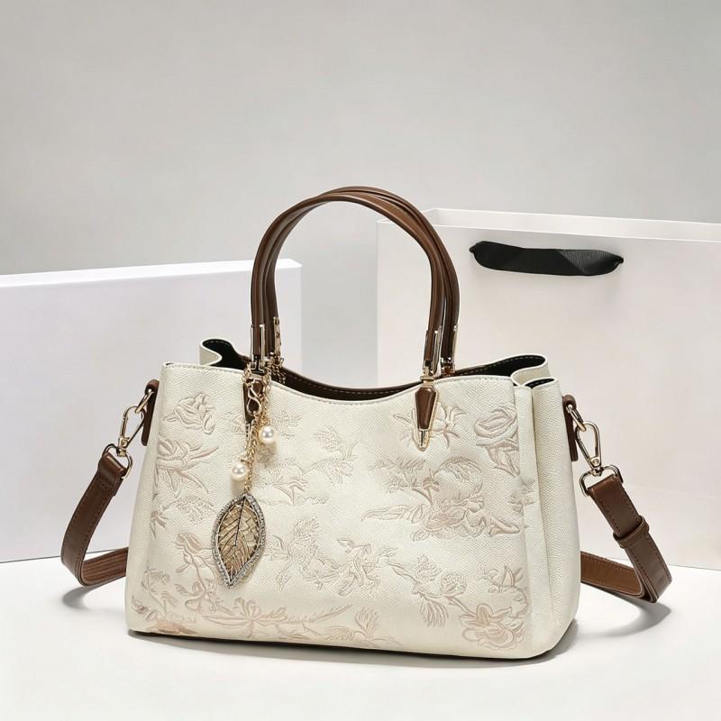 Elegant Chinese Style Embroidered Tote Bag Women Office Commute Crossbody PU Shoulder