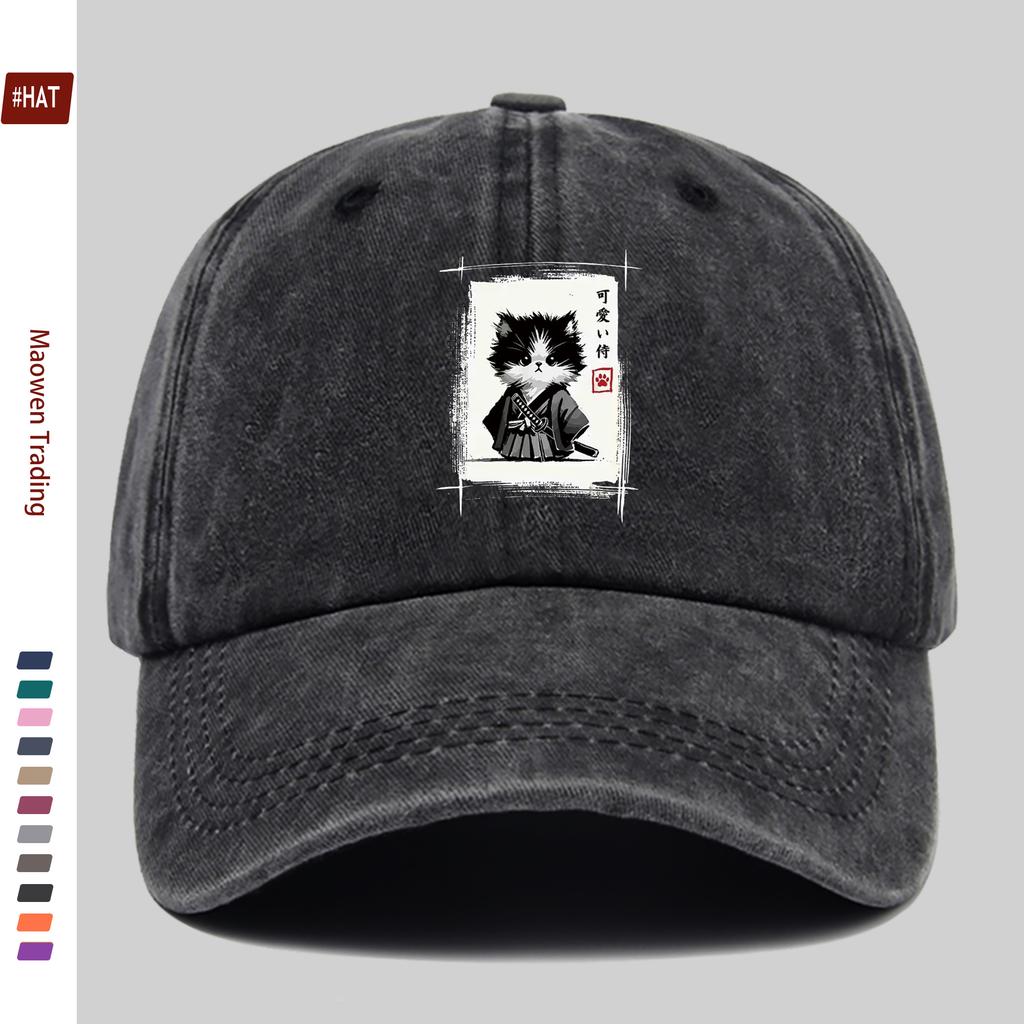 Pc Samurai Cat Japanese Art Ink Wash Painting Novelty Cute Funny Cat Print Baseball Cap with Adorable Cat Pattern Design Sun Ha