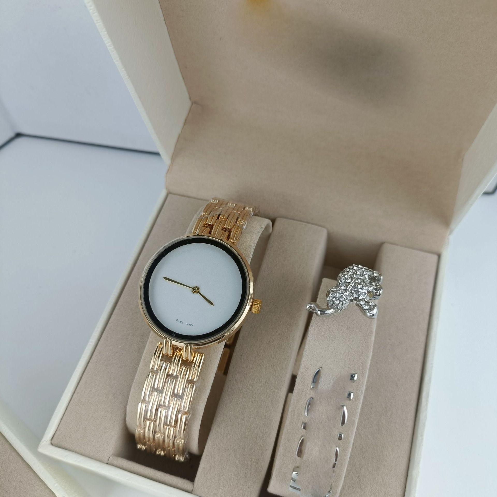 2-Piece Fashion Quartz Ladies Watch Calendar Simple Ultra-Thin Premium Waterproof Ladies Watch