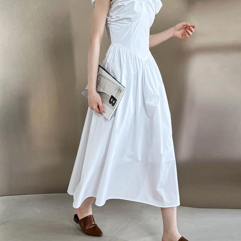 Johnature Summer French Waist Open Back V-Neck Dresses Women Simple Casual Sleeveless Pleated Long Dress