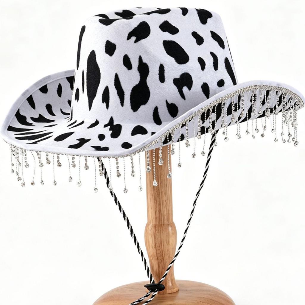 Western Cowboy Hat With Rhinestone Tassel Wide Brim Cow Print For Party Stage Performance