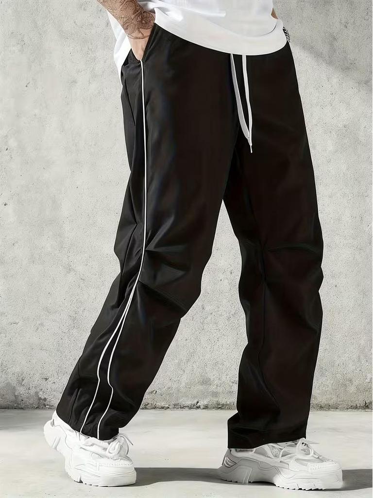 European-Size Men's Retro Sports Casual Pants - High Street Hong Kong Style, Loose Straight Leg