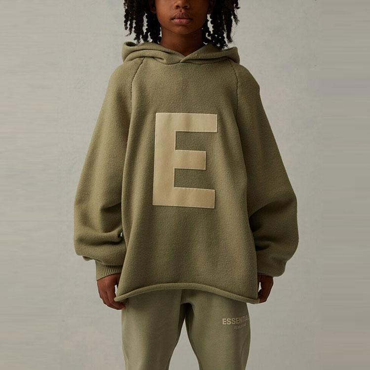 Fear of God Essentials SS22 Kids Big E Knit Hoodie Sea Foam Logo Kids Hoodies Gray-Green FOG-SS22-668