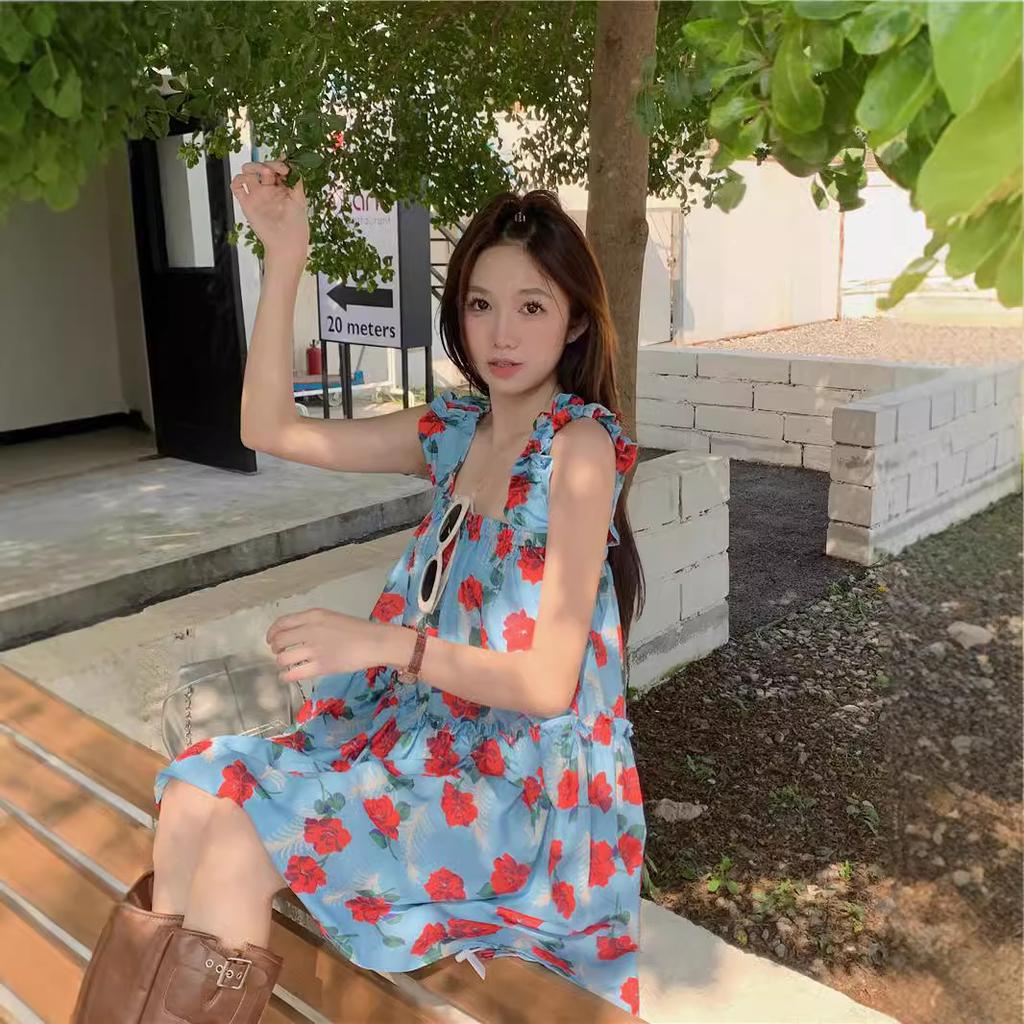 Japanese Vacation Fungus Edge Floral Suspender Dress Women Loose and Thin Tube Top Doll Skirt Beach Skirt