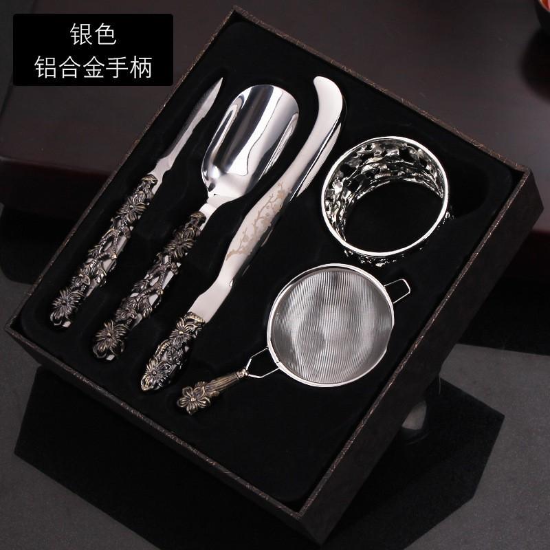 Stainless Steel Tea Ceremony Six Tools Set Gongfu Gold Vintage Turquoise Finish