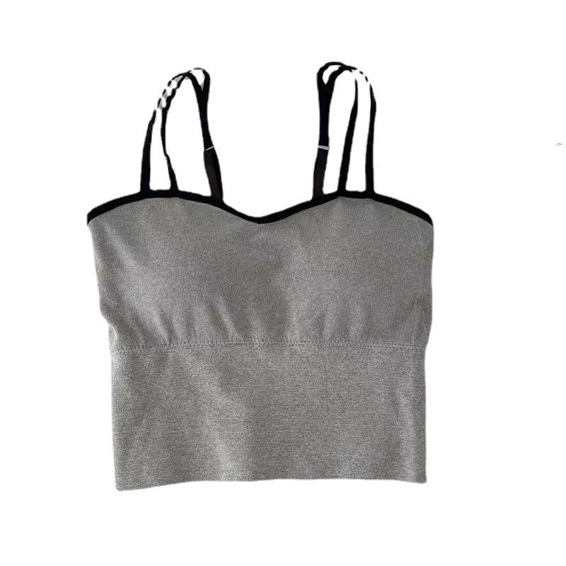 

Design Letter Short Tank Tops With Bra Pad Sexy Slim Stripe Tops Y2K Shoulder Belt Iron Ring Tank Tops сірий