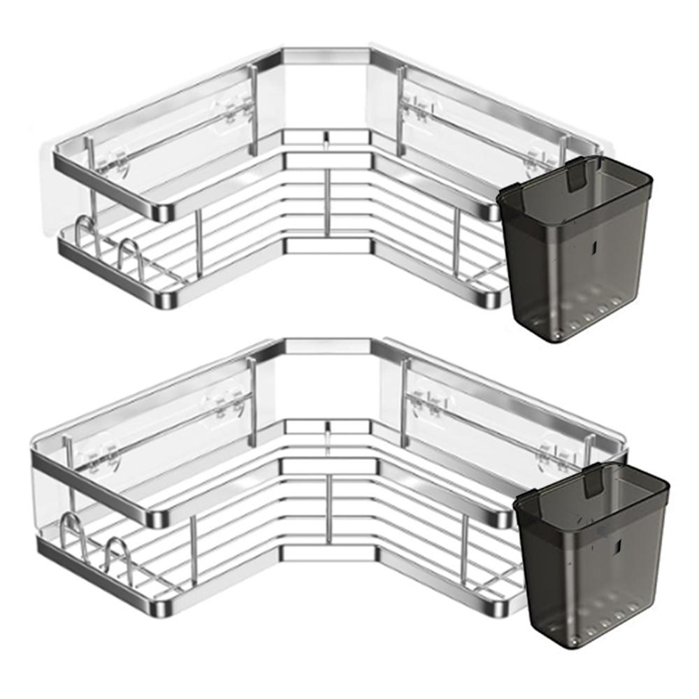 2Pcs L-Shape Punch-Free Iron Storage Rack Bathroom Kitchen Corner Mounted Shelf with Hanging Basket A