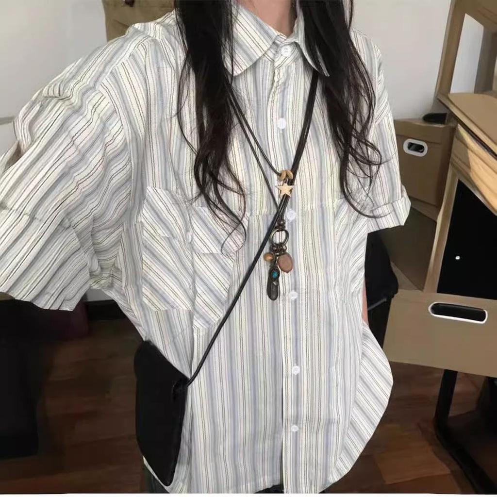 Summer 2024 Women's Niche Design Blue Striped Retro Short-Sleeve Shirt