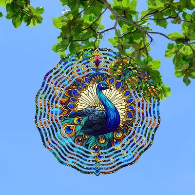 PeaRooster 10-inch Stained Glass Wind Spinner - 2D Laser-Cut Peacock Design Garden Art, 360° Rotating Hook for Outdoor/Indoor Decor