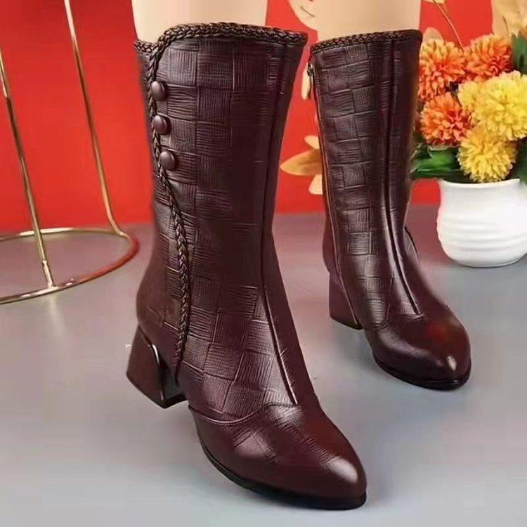 Kortstøvletter med grov hæl for kvinners nye vintermodeller i 2025, fôrede og fortykkede middels høye støvletter, varm og sklisikker mor-bomullsstøvlett med tykk hæl