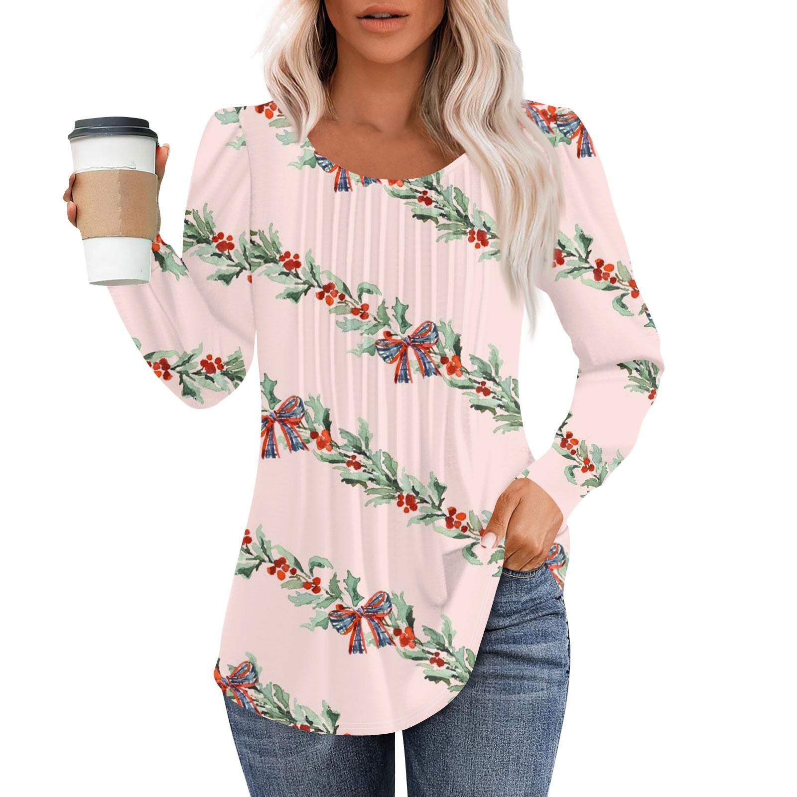 

Женская модная повседневная плиссированная футболка с круглым вырезом и рождественским принтом с длинными рукавами XXL розовый