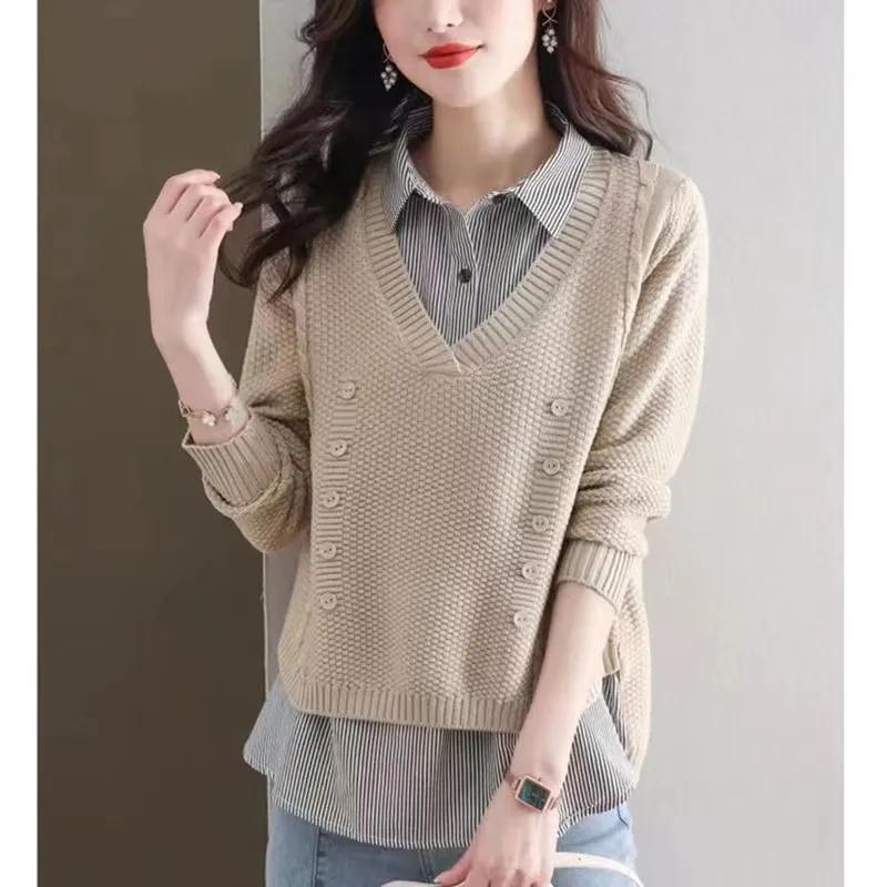 Fake Two Piece Top Knit Sweater Women's Splice Shirt Collar 2024 Spring Autumn New Korean Loose Long Sleeve Sweater Brown Shirt