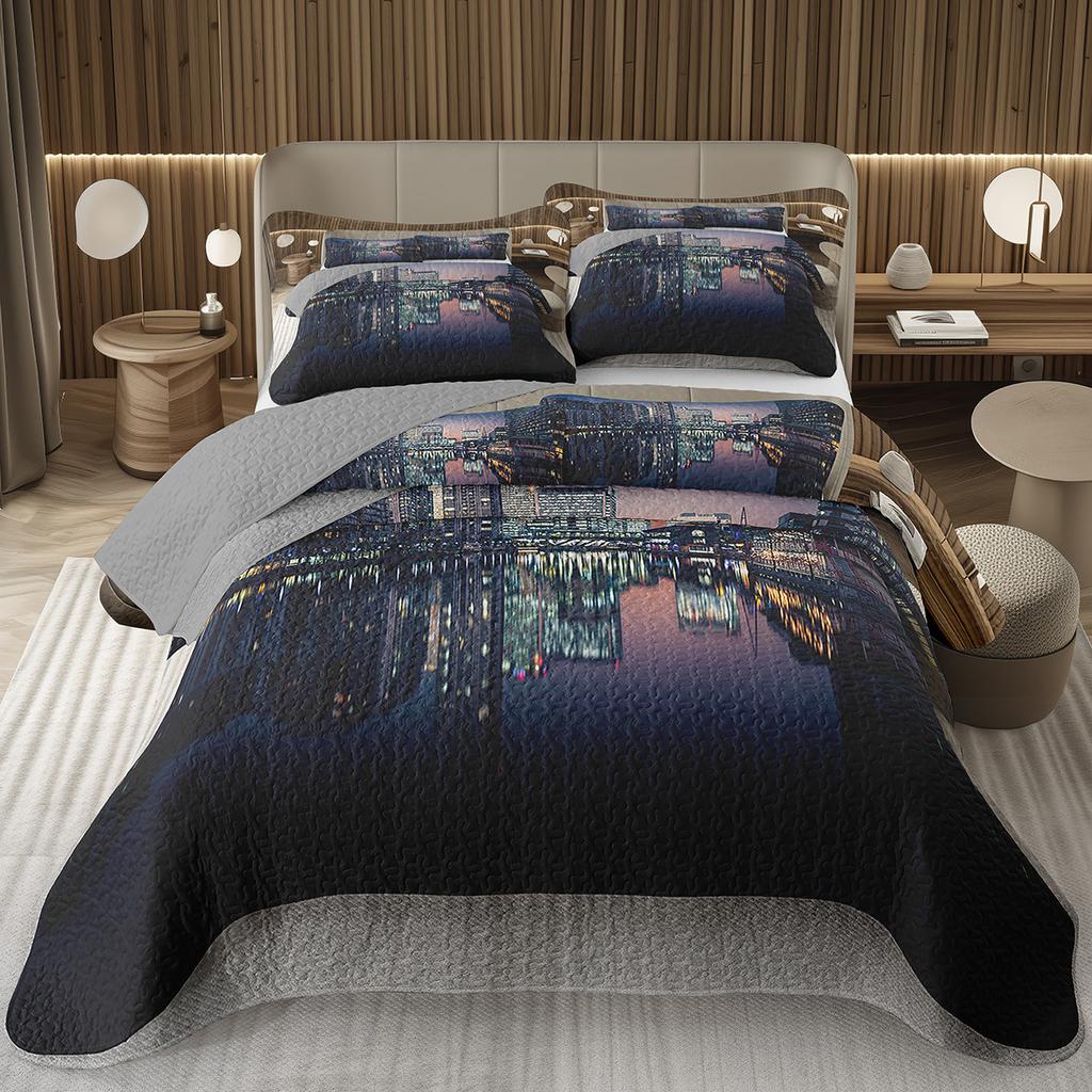 City Landscape Quilted Bedspread Set Cityscape Artwork Queen Bedding Set Colorful River Business District Coverlet For Girls Man