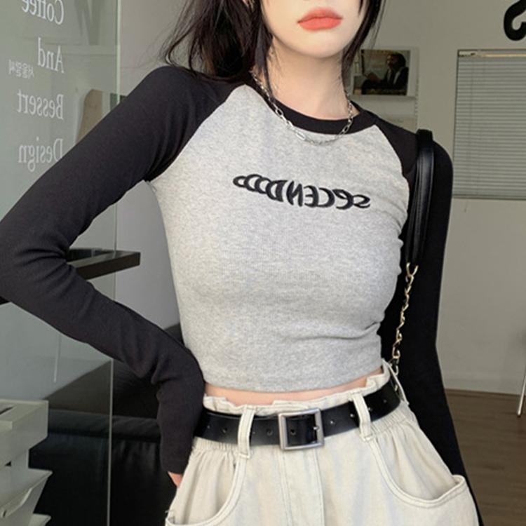 Letter Print T-Shirt Women Spring Long Sleeve Patchwork Tops Retro Contrast Color Crop Top Hot Girl Skinny Y2K