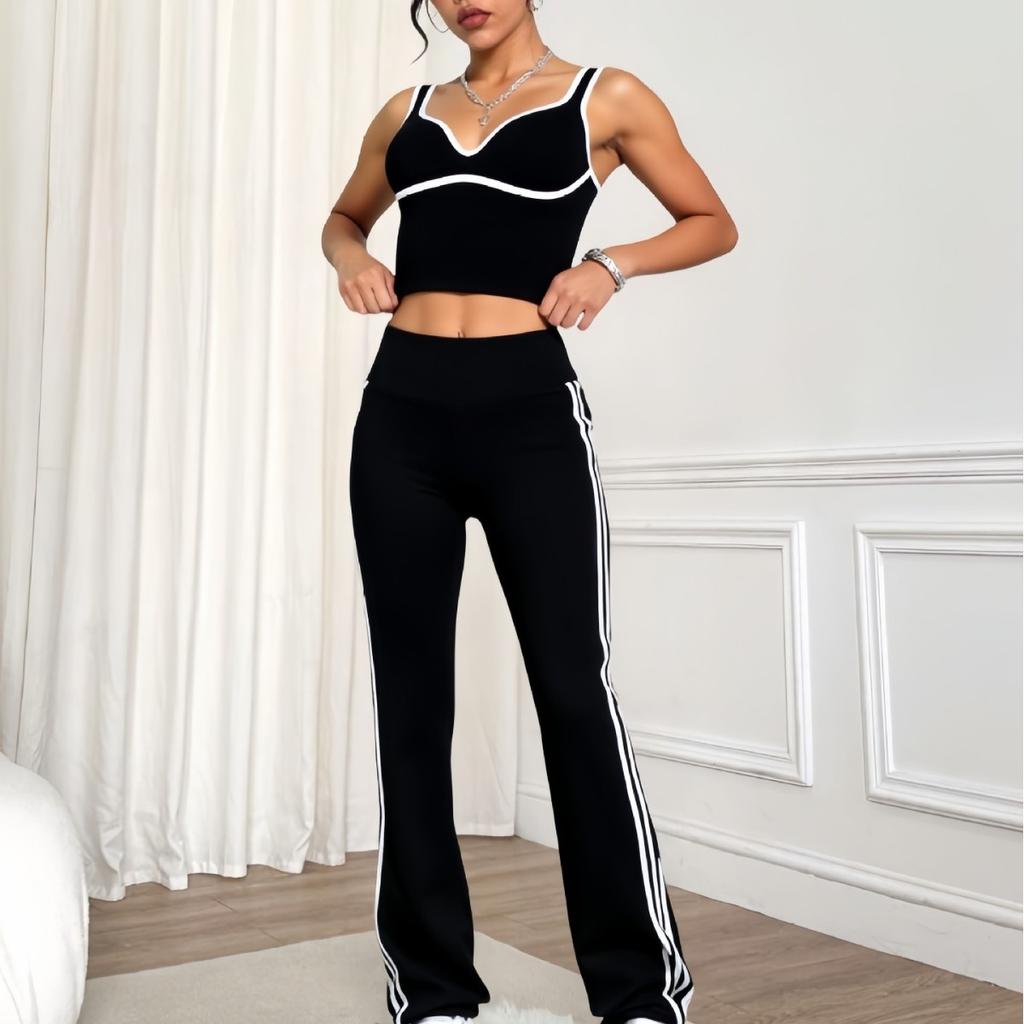 JYL Black White Contrast Flared Pants Quick Daily Yoga Set