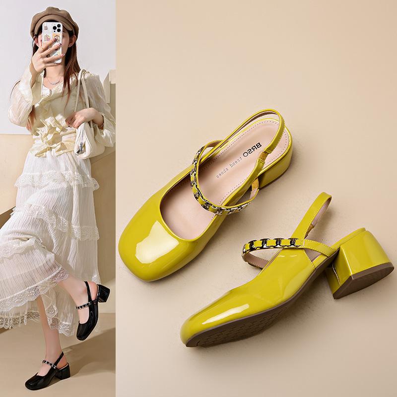 

Hong Kong soft leather bag head sandals women s 2025 summer pearl fashion versatile medium thick heel thin soft sole Mary Jane shoes 40 жёлтый