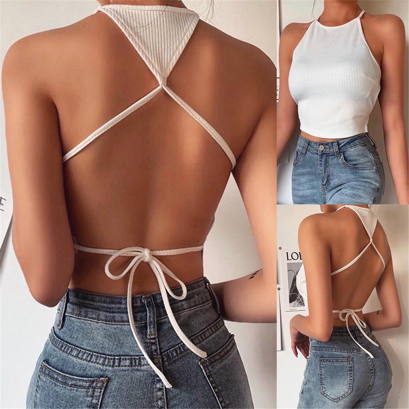 Women s new fashion open back cross vest hanging neck strap vest T-shirt S белый