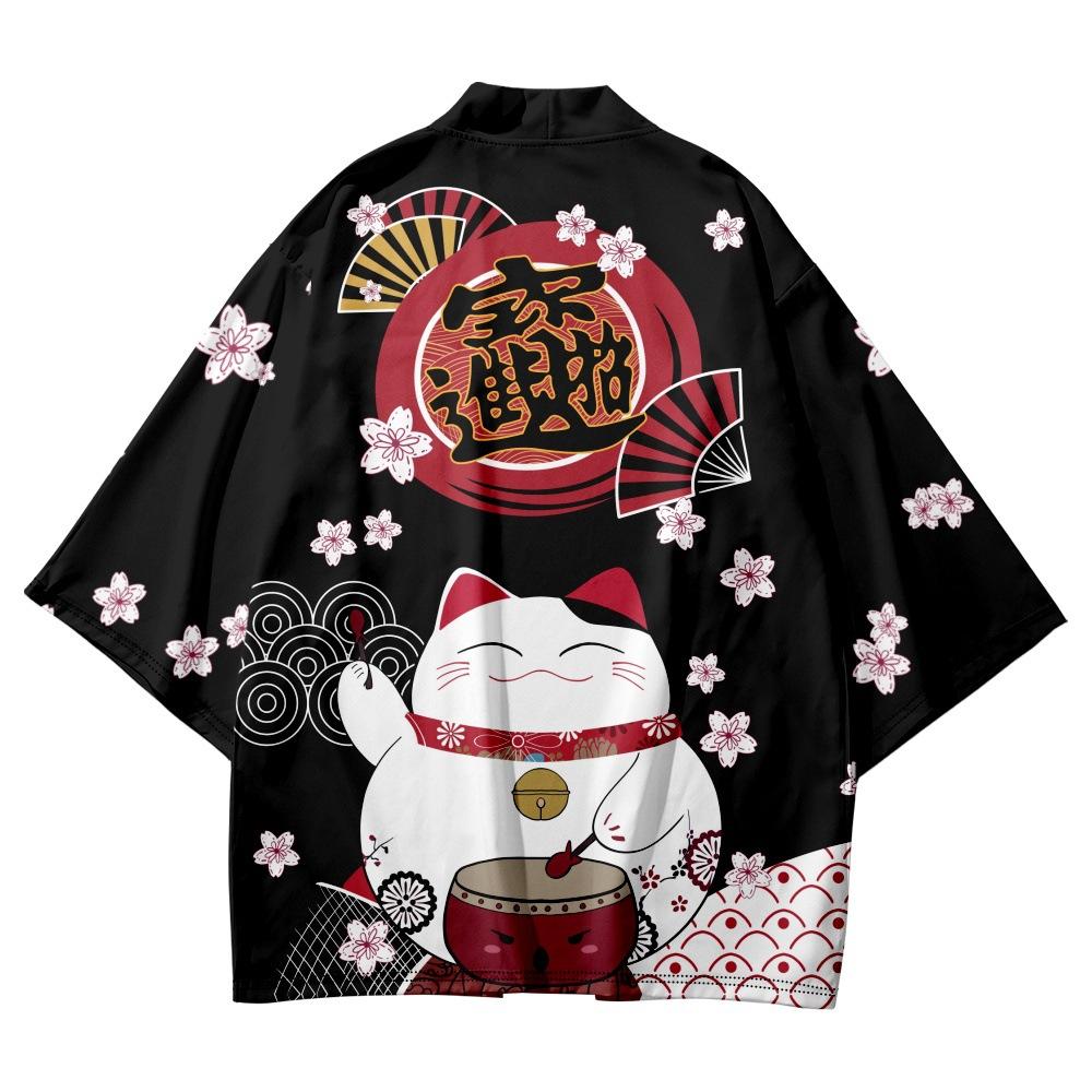 Japanese Kimono Yukata Samurai Kimono Man Cat Print Shirt Clothing Harajuku Cardigan for MenTraditional Haori Kimono