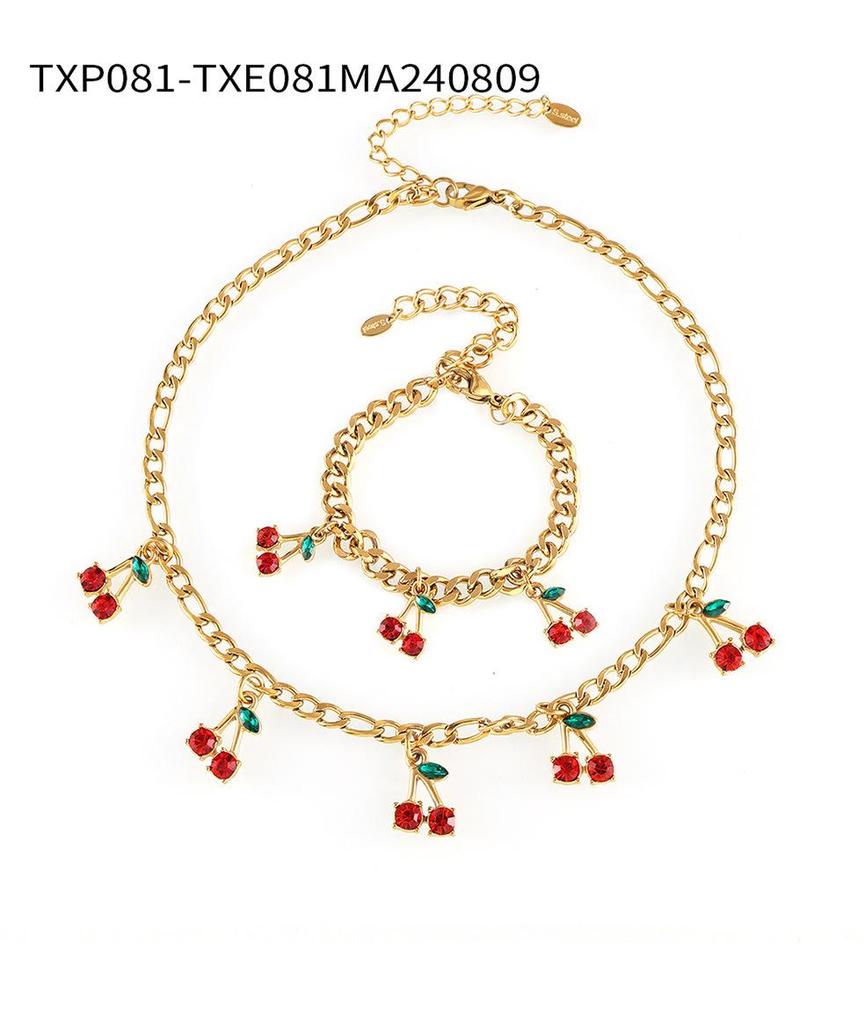 European & American Fashion: Creative Glass Rhinestone Red Cherry Necklace & Bracelet Set