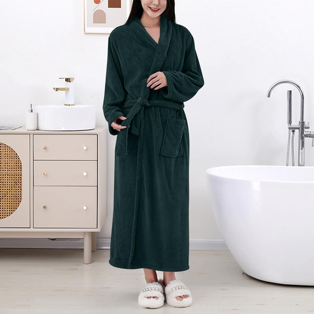 Women's Solid Color Long Sleeve Winter Warm Bathrobe Home Wear Plush Pajamas Nightgown