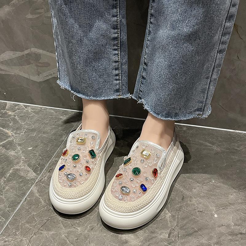 Fashion 5cm 2025 Net Mesh Platform Wedge Flats Crystal Shoes Chunky Sneaker Casual Comfy High Brand Summer Autumn Vulcanize Shoes