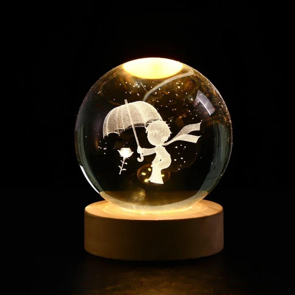 Hot 6cm 3D Crystal Ball Stitch Pikachu Wooden Base with 6cm Crystal Ball Planet Night Light Laser Carving Children's Gifts