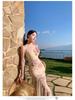 Women's French Floral 3D Strappy Summer Dress with Waist-Cinching Mesh Mermaid Skirt