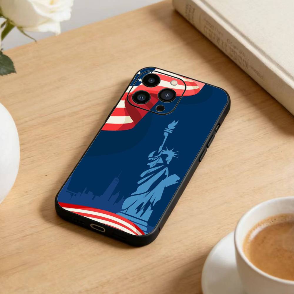 Statue Liberty America USA Flag Phone Case For iPhone 17 16 15 14 13 12 Max Plus Silicone Black Cover