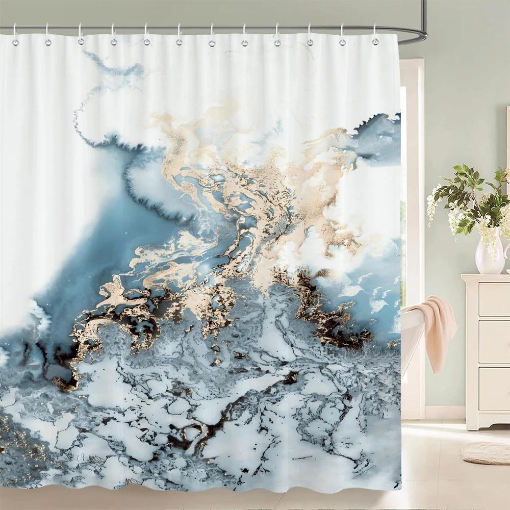 Blue Gold Marble Ink Texture Shower Curtain Abstract Modern Shower Curtain for Bathroom Decor with Hooks 3D Bathroom Screen