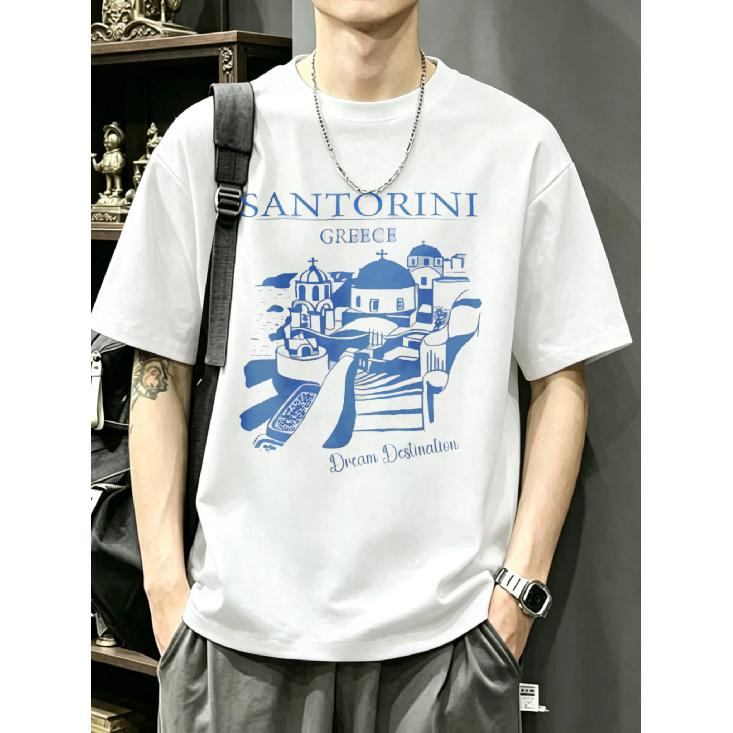 Santorini Greece T Shirt White Santorini Island Blue Print Dream Destination Graphic Tee Men Casual Summer Travel Wear S белый