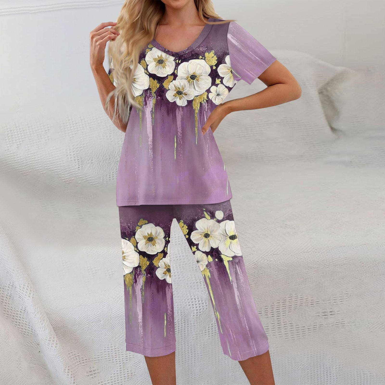 

2 Piece Sets For Women Short Sleeve Top And Pants With Pockets Workout Soft Floral Print Sets XL