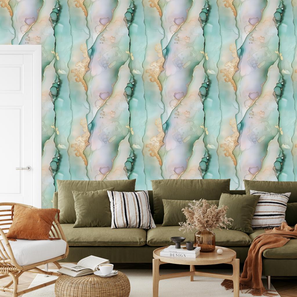 Light gray, sea green and beige ink wallpaper for living room and bedroom 50x1000